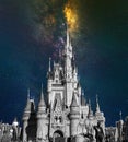 Magic castle in the night sky. Fairy tale theme. Elements of this image furnished by NASA Royalty Free Stock Photo