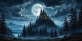 Magic castle silhouette over full moon at mysterious night. Fantasy background with pine tree forest under dramatic cloudy sky Royalty Free Stock Photo