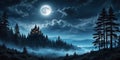 Magic castle silhouette over full moon at mysterious night. Fantasy background with pine tree forest under dramatic cloudy sky Royalty Free Stock Photo