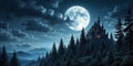 Magic castle silhouette over full moon at mysterious night. Fantasy background with pine tree forest under dramatic cloudy sky Royalty Free Stock Photo