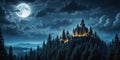 Magic castle silhouette over full moon at mysterious night. Fantasy background with pine tree forest under dramatic cloudy sky Royalty Free Stock Photo