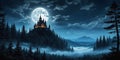 Magic castle silhouette over full moon at mysterious night. Fantasy background with pine tree forest under dramatic cloudy sky Royalty Free Stock Photo
