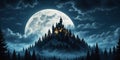 Magic castle silhouette over full moon at mysterious night. Fantasy background with pine tree forest under dramatic cloudy sky Royalty Free Stock Photo