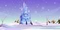 Magic castle at winter day on frozen river bank Royalty Free Stock Photo