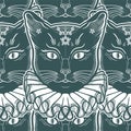 Black cat in a vintage collar seamless pattern.