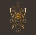 Magic celestial butterfly and moon clipart in golden foil texture, mystic space moth with crescent moon, gold colored