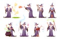 Magic character. Cartoon wizard performs various magical actions. Sorcerer in hat and robe. Fabulous old man with long