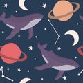magic childish design with blue whales in the galaxy space