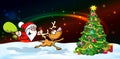 Magic christmas eve banner - funny vector illustration of santa with reindeer