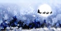 Magic Christmas eve. Reindeers pulling Santa`s sleigh in sky on full moon night, banner design Royalty Free Stock Photo