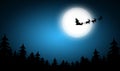 Magic Christmas eve. Reindeers pulling Santa`s sleigh in sky on full moon night Royalty Free Stock Photo