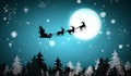 Magic Christmas eve. Reindeers pulling Santa`s sleigh in sky on full moon night