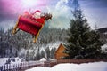 Magic Christmas eve. Santa with reindeers flying in sky Royalty Free Stock Photo