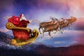 Magic Christmas eve. Santa with reindeers flying in sky Royalty Free Stock Photo