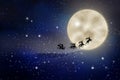 Magic Christmas eve. Santa with reindeers flying in sky on full moon night Royalty Free Stock Photo