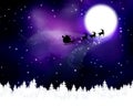 Magic Christmas eve. Santa with reindeers flying in sky on full moon night Royalty Free Stock Photo