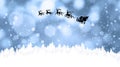 Magic Christmas eve. Santa with reindeers flying in sky on snowy night, banner design Royalty Free Stock Photo