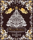 Magic Christmas greeting card with paper cut out floral xmas white tree, gold angels and decorative floral frame Royalty Free Stock Photo