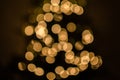 Magic holidays christmas defocused gold bright lights, bubbles and glitters in shape of christmas tree bokeh soft blur background Royalty Free Stock Photo