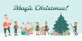 Magic Christmas poster or banner with elves and Santa flat vector illustration Royalty Free Stock Photo