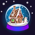 Magic Christmas snow globe illustration. Glass snowglobe gift with small house, winter pine tree and falling snow inside Royalty Free Stock Photo