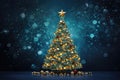 Magic Christmas tree with lights on dark blue background. Holiday card. Copy space Royalty Free Stock Photo