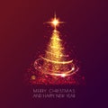 Magic Christmas tree with sparkle and gold dust on red background. Merry christmas and Happy New Year greeting card Royalty Free Stock Photo