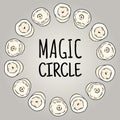 Magic circle boho candles doodles in a wreath composition. Vector wiccan magical circle logo