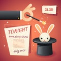 Magic circus show hand holding wand poster template stylish background retro cartoon design vector illustration Royalty Free Stock Photo