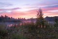 Magic colourful sunrise by the lake with morning fog. Silhouette of trees, meadow and water with colourful reflections. Beautiful