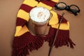 Magic composition with a cup of cocoa, a magic wand, a scarf on