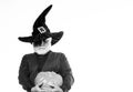 Magic concept. Experienced and wise. Halloween tradition. Wizard costume hat Halloween party. Magician witcher old man Royalty Free Stock Photo