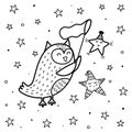 Magic cooling page with a cute owl catching a star. Black and white fantasy print for kids