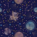 Magic cosmos starry sky. Watercolor hand drawn space seamless pattern with illustration of gold stars, comets, planets