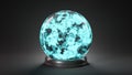 Magic crystal ball with blue glowing energy inside. Mysterious background. 3D rendered image.