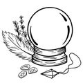 Magic crystal ball for divination. A magic prediction ball with magic things around it. Perfect for tattoos and t-shirts Royalty Free Stock Photo