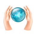 Magic Crystal Ball With Female Hands Isolated On White. Mystic Magician Symbol