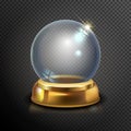 Magic crystal ball of glass and gold . Empty snow globe. White transparent glass sphere on a stand. Vector christmas