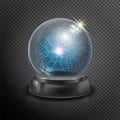 Magic crystal ball of glass and lightning White transparent glass sphere on a stand. Vector shining plasma ball on Royalty Free Stock Photo