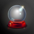 Magic crystal ball of glass and red. Empty snow globe. White transparent glass sphere on a stand. Vector christmas glass Royalty Free Stock Photo