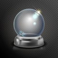 Magic crystal ball of glass and silver. Empty snow globe. White transparent glass sphere on a stand. Vector christmas Royalty Free Stock Photo