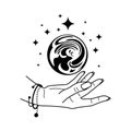 Magic Crystal Ball with hand isolated on white. Mystic magician symbol, black colors. Fortune telling