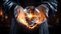 Magic crystal ball in hands of clairvoyant. Concept of predicting future, astrology