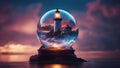 magic crystal ball highly intricately detailed photograph of Lighthouse at nighttime on Japanese sea inside a glass orb Royalty Free Stock Photo