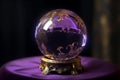 Magic crystal ball on purple table close-up. Dark background. Predictions of future, psychic readings concept. Image is AI Royalty Free Stock Photo