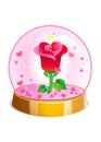 Magic crystal ball with rose and small pink hearts inside. Vector illustration for Valentines day. Royalty Free Stock Photo