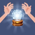 Magic crystal ball fortune, open hands, mistery, shining, magic, predictions, sphere, light effects, glow, vector Royalty Free Stock Photo