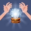 Magic crystal ball fortune, open hands, mistery, shining, magic, predictions, sphere, light effects, glow, vector