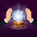 Magic crystal ball fortune, open hands, mistery, shining, magic, predictions, sphere, light effects, glow, vector