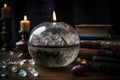 magic crystal ball, surrounded by candles and incense sticks for a calming scentsation